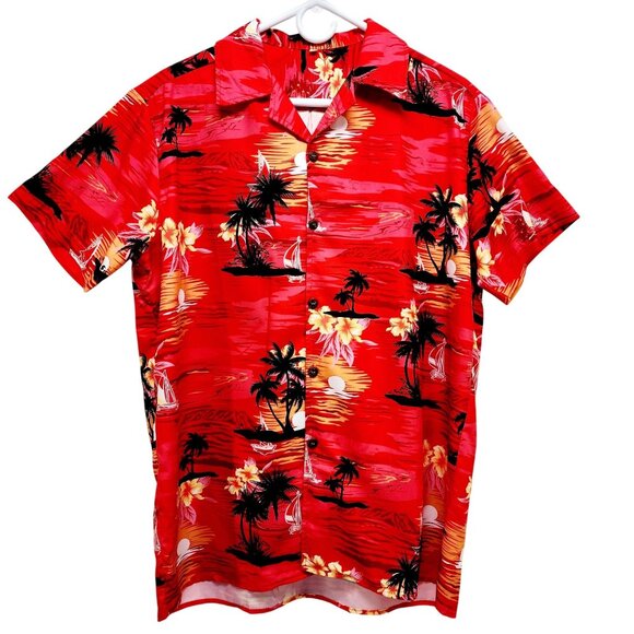 Mens Red Hawaiian Short Sleeve Button-Up Shirt With Tropical Print Size M - Picture 1 of 7